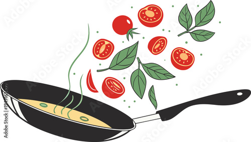 Dynamic vector illustration of a black frying pan with cooking food, featuring red tomatoes and green basil leaves falling into a simmering sauce, perfect for culinary, recipe