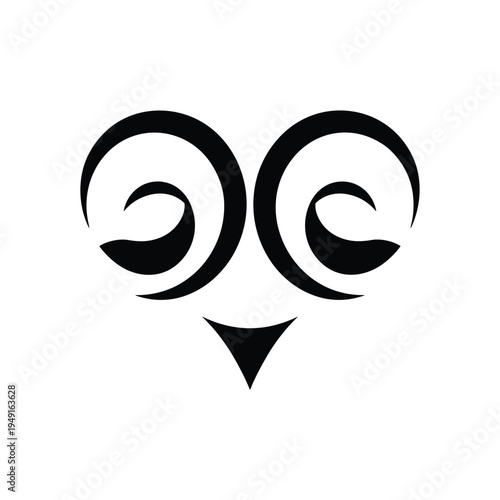 Minimalist owl face logo with swirling eyes and triangle beak