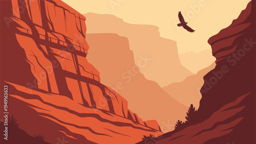 Majestic Grand Canyon landscape vector illustration with a soaring eagle against a warm, gradient sky, depicting vast red rock formations and desert wilderness.