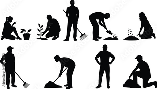 Gardener and landscaping worker silhouettes set, people planting trees raking leaves and shoveling soil isolated on white background black vector illustration