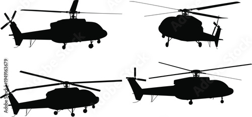 Military helicopter silhouette set isolated on white background, combat army aircraft black vector illustration collection of aviation transport vehicles