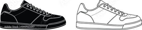 Black and white sneaker side view silhouette and outline icon set, footwear fashion technical cad drawing, flat vector illustration isolated design