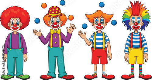 Set of funny cartoon clown characters and circus entertainers juggling balls wearing colorful costumes with red wigs and festive outfits for carnival events.