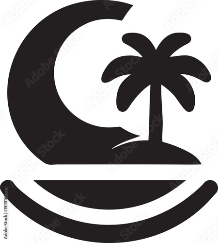 A vibrant tropical island vector illustration featuring palm trees on a sunny beach with a serene ocean view perfect for summer vacation and exotic nature travel designs