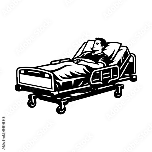Illustration of a man lying in a medical hospital bed, suitable for healthcare, hospitalization, medical recovery, and surgery themes.