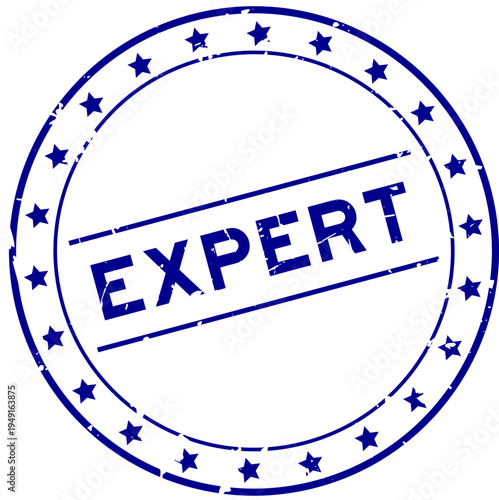 Grunge blue expert word round seal stamp on white background