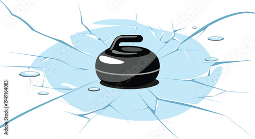 Curling stone breaking ice surface, winter sport concept illustration, frozen rink crack effect, curling equipment vector design