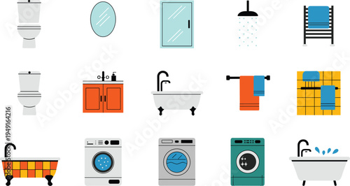 Flat bathroom icons set, toilet, shower, bathtub, sink, mirror, towel rack, washing machine, laundry appliances, hygiene interior illustration collection vector