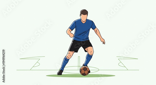 Soccer player dribbling ball on field illustration.