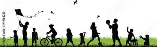 Diverse group of children and adults enjoying outdoor activities like kite flying cycling and playing ball in a park setting