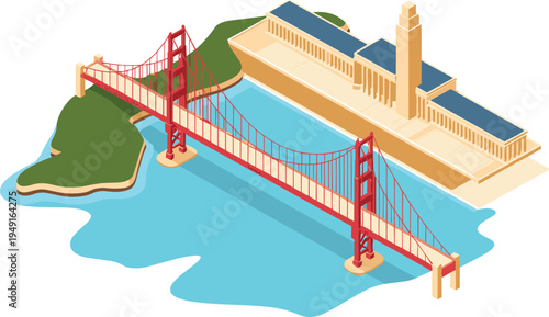 Golden Gate Bridge isometric view, San Francisco landmark bridge over bay water with city building, iconic suspension bridge travel illustration