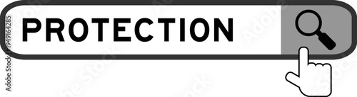 Search banner in word protection with hand over magnifier icon on white background