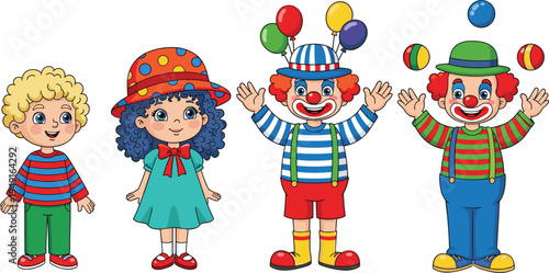 Cute cartoon circus characters set featuring happy kids and funny clowns juggling colorful balls and wearing festive hats isolated on white background vector illustration