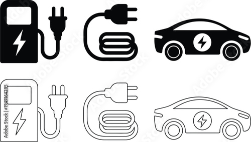 Electric vehicle charging station and car icons