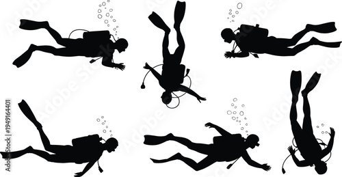 Scuba diver silhouette set underwater swimming with oxygen tank and bubbles isolated on white background black vector illustration collection