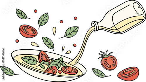 Vector illustration of pouring oil on a plate of salad with tomatoes and basil