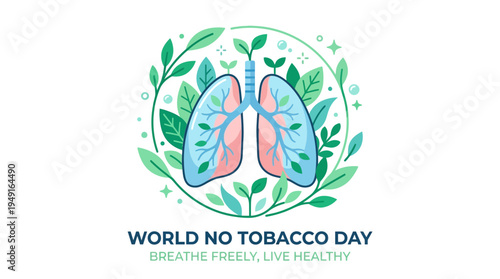 Breathing Freely: Flat Illustration of Healthy Lungs with Green Leaves for No Tobacco Day.