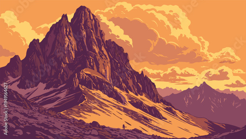 Majestic pixel art mountain landscape with sharp peaks and warm orange sky, ideal for retro game backgrounds, digital art, or nature-themed designs