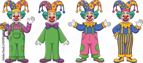 Happy jester clown vector illustration set featuring a friendly character with green hair and polka dot hats in various colorful outfits and playful poses.