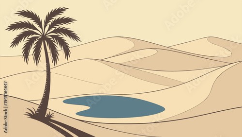 Desert Oasis Landscape Vector Illustration with Palm Tree and Blue Water Pond Amidst Sand Dunes on a Sunny Day