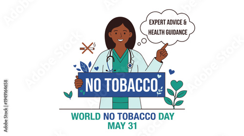 Expert Guidance: Flat Illustration of a Medical Professional Advocating "No Tobacco."
