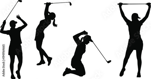 Energetic female golfer silhouettes in action poses demonstrating the golf swing and athletic movements against a white background