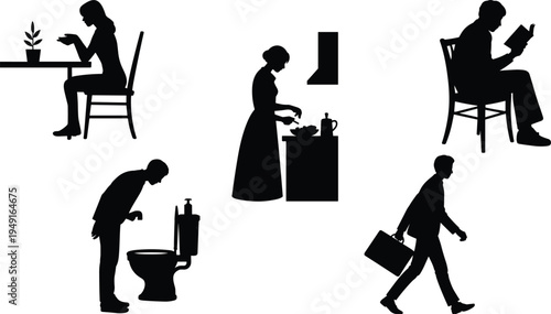 Everyday life silhouettes illustrating common domestic activities and personal routines including cooking reading and personal hygiene on a white background