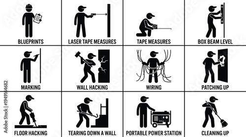 Construction worker stick figure icons set featuring blueprints laser tape measure box beam level marking wall hacking wiring patching up floor hacking demolition and cleaning