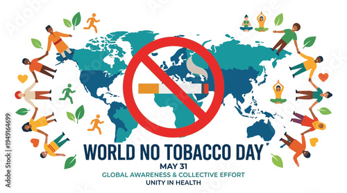Global Unity: Flat Illustration of a World Map with a "No Tobacco" Symbol.