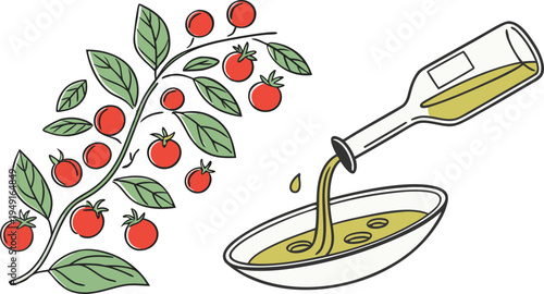 Fresh Red Cherry Tomato Plant Branch with Green Leaves and Olive Oil Pouring from Bottle into White Bowl Vector Illustration