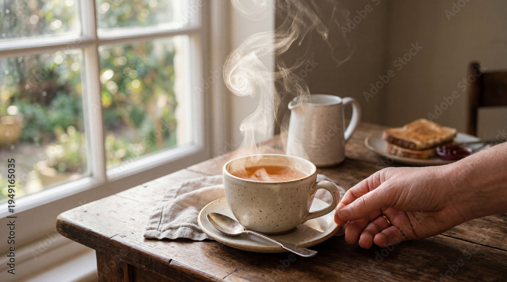 Fototapeta premium Steaming cup of tea on a wooden table by a window