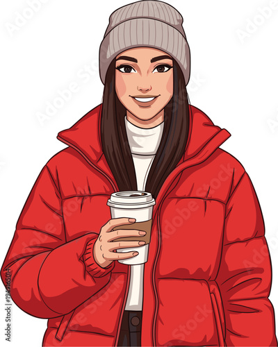 Smiling young woman vector illustration wearing a red puffer jacket and beanie hat holding a takeaway coffee cup in winter seasonal outfit.