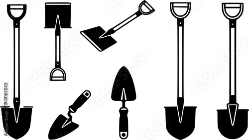 Set of shovel icons for gardening and construction in black and white style
