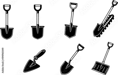 Set of shovel icons for gardening and construction in black and white style
