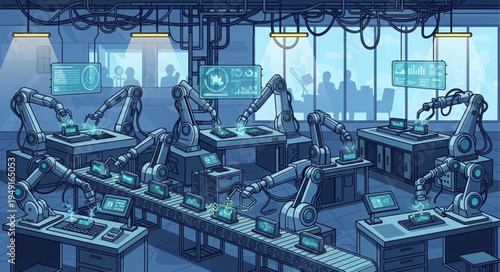 Robotic arms working on an assembly line in a modern factory.