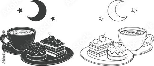Whimsical moonlit dessert and coffee scene ifter plate with crescent moons and stars
