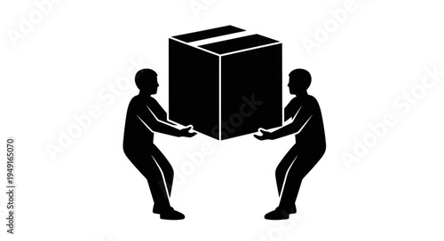 Two people lifting a large cardboard box together.