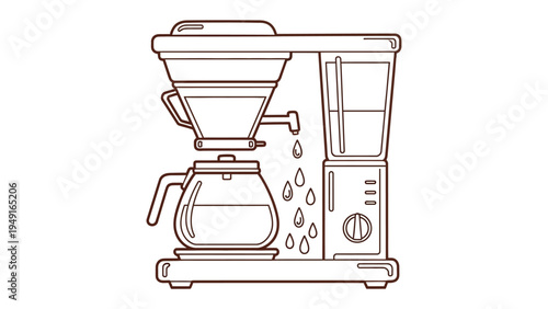 Automated Coffee Brew: A line art illustration shows a coffee machine in the process of brewing, offering a sleek look with clean lines and focus on the coffee-making process.