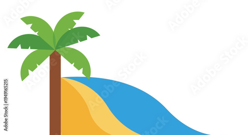 Palm tree on sandy beach with blue wave in flat colorful illustration for travel brochure
