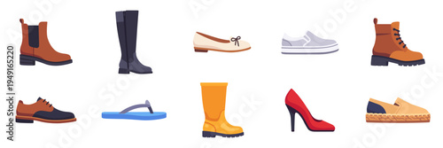 Set of fashion footwear icons, boots, heel, flat, sneaker, loafer, colorful collection with vector flat illustrations