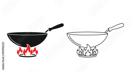 Two wok illustrations one filled one outline both over flames