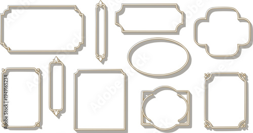 Gold frame background. Set of luxury thin line borders with shadow. Realistic 3d glamour rectangle template. Geometrical golden rich frames. Vector illustration