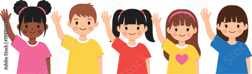 Diverse group of happy multiethnic children waving hands together cute primary school kids characters flat cartoon vector illustration isolated on white background for education concept