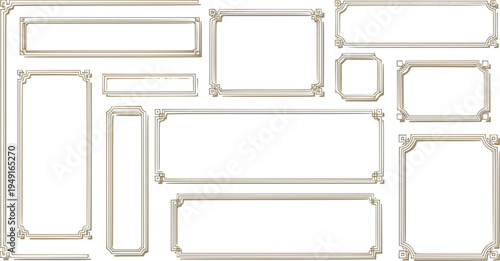 Gold frame background. Set of luxury thin line borders with shadow. Realistic 3d glamour rectangle template. Geometrical golden rich frames. Vector illustration