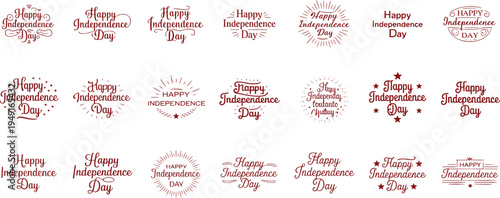 Multiple distinct red textual designs celebrating Happy Independence Day on a clean white background