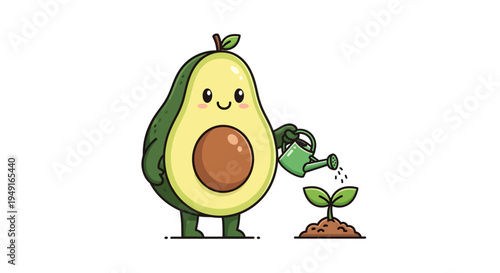 Cute cartoon avocado character happily watering a small plant sprout with a watering can, isolated on a white background.