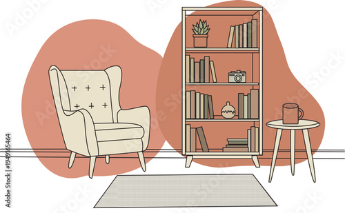 Vector illustration of a hygge living room featuring a comfortable armchair white bookshelf with books and a small side table with a mug Hand drawn flat style for home decor and lifestyle concepts