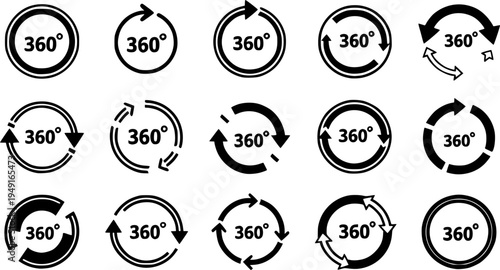 360 degrees vector icon set. Round signs with arrows rotation to 360 degrees. Rotate symbol isolated on transparent background. Vector illustration.
