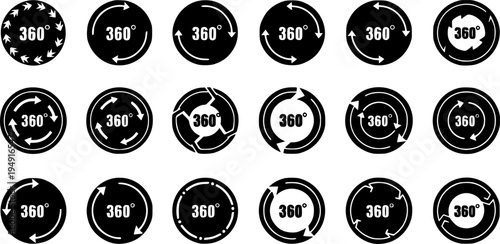 360 degrees vector icon set. Round signs with arrows rotation to 360 degrees. Rotate symbol isolated on transparent background. Vector illustration.
