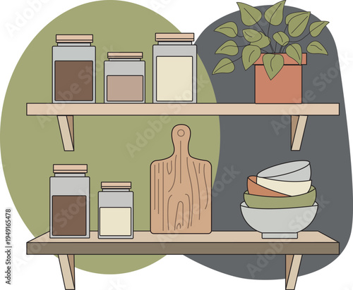 Vector illustration of a modern kitchen interior featuring wooden shelves with storage jars glass canisters a cutting board bowls and a potted plant in flat hand drawn style on white background